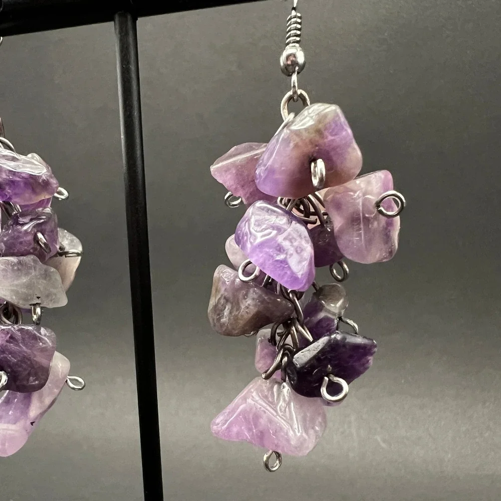 Amethyst Cluster Earrings Purple Crystal Gemstone Chip Boho Healing Witchy Fairy